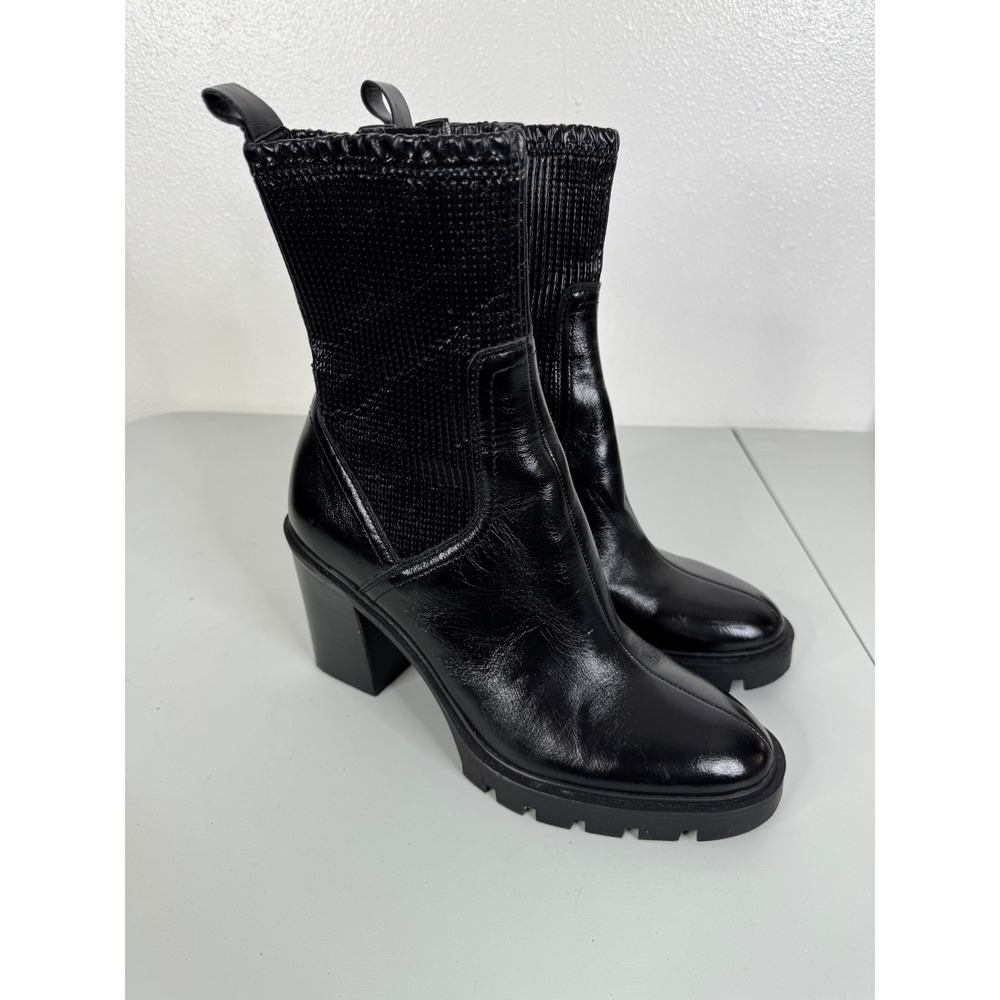 Dolce Vita Black Leather Sock Ankle Boots Lug Sole Block Heel Size 9